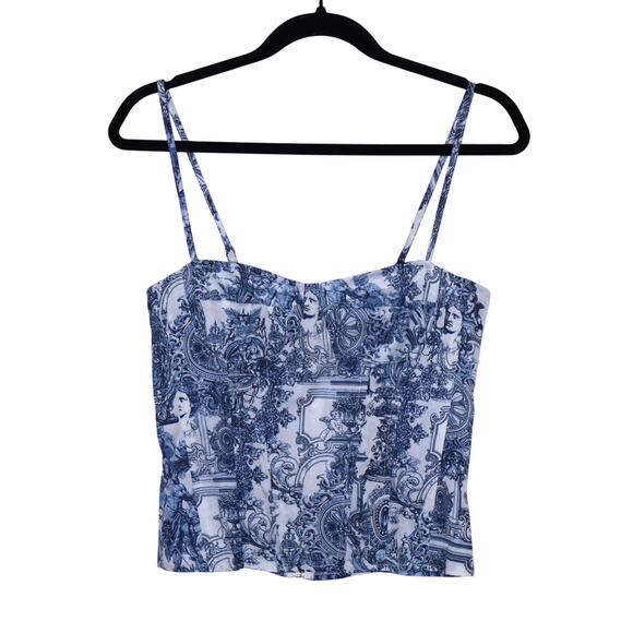 PRETTYLITTLETHING NEW Structured Corset Top Blue Renaissance Print Women's 2 - Picture 1 of 12